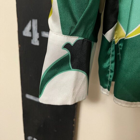 Zara Satin Button Down Long Sleeve Printed Blouse XS NWT Green Cream Black - Picture 6 of 6